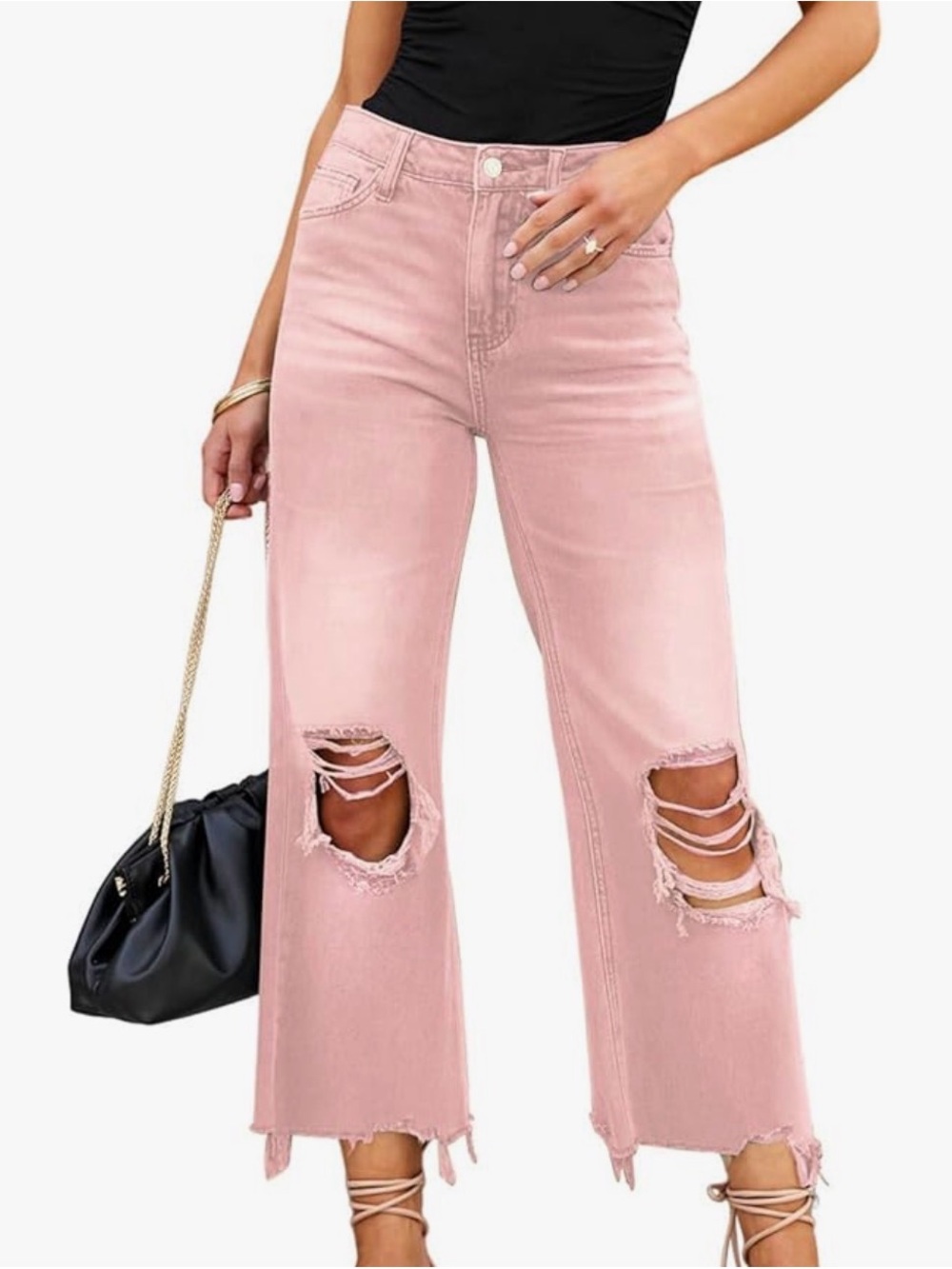 Women's High-Rise Pink Distressed Wide-Leg Jeans